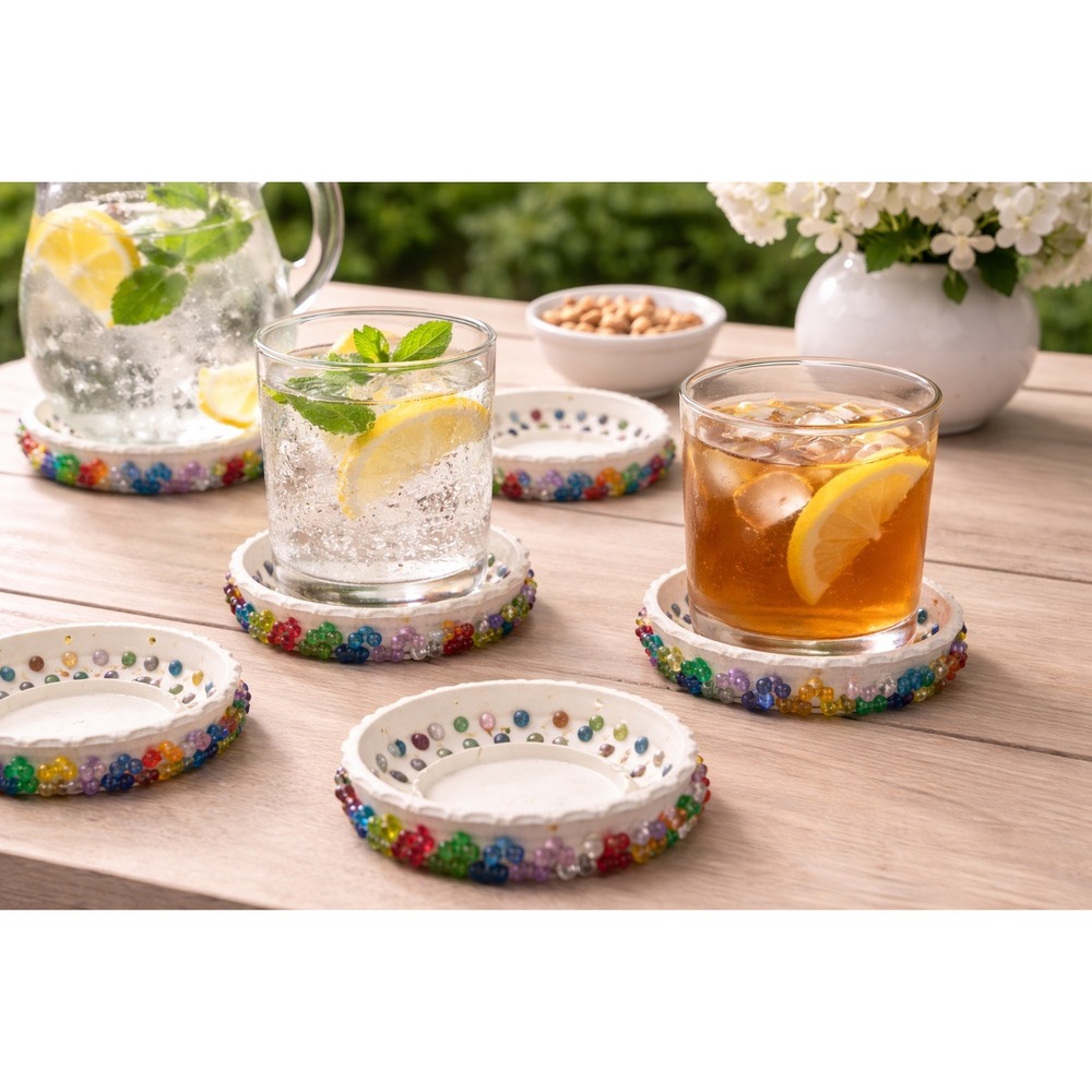 Vintage Lawnware 235 Coasters Set of 6 White Plastic Multi Color Beads Made USA